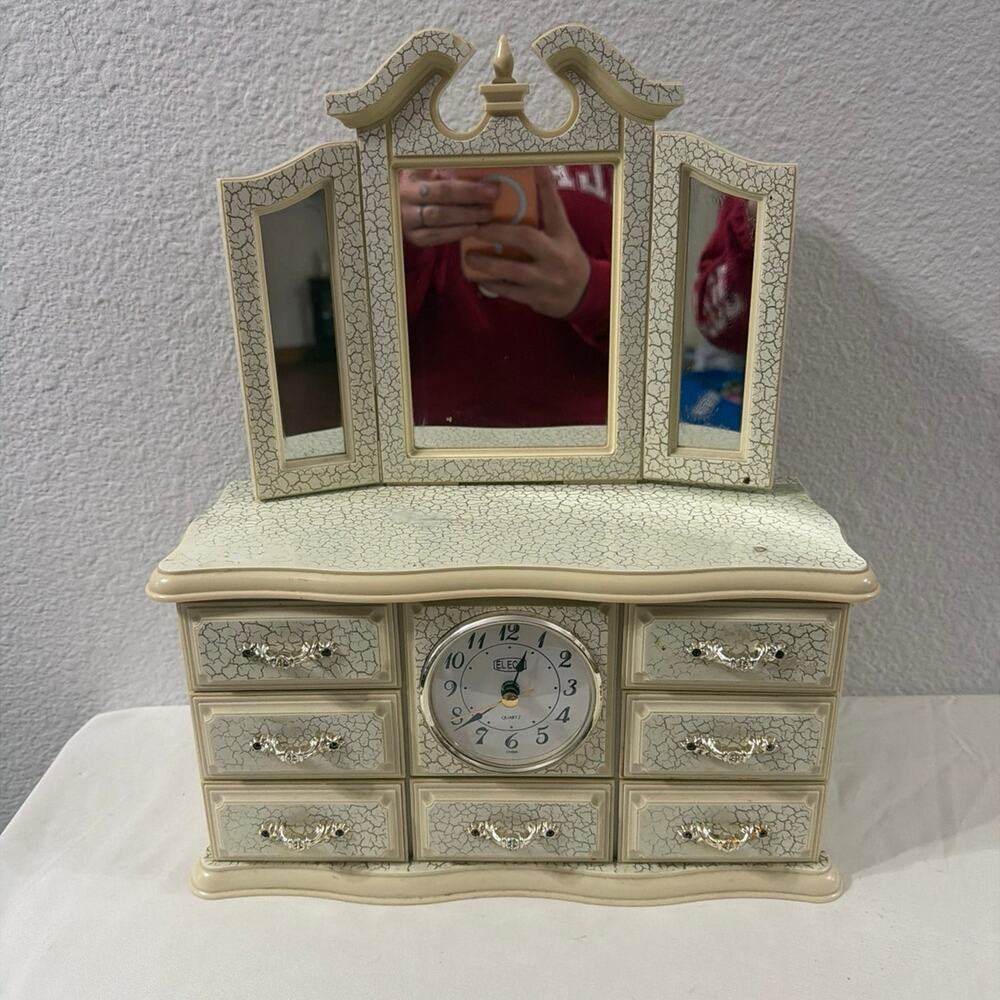 Vintage Jewelry Box with Mirror and Clock